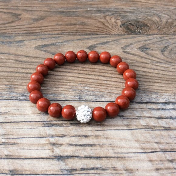 Red Jasper bracelet with rhinestone focal bead, crystal healing bracelet - Picture 2 of 9